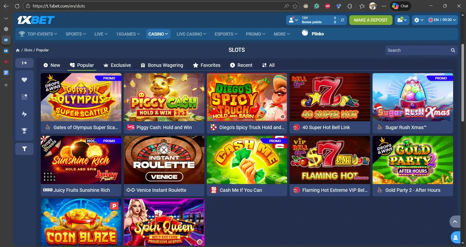 1xBet live casino popular slots