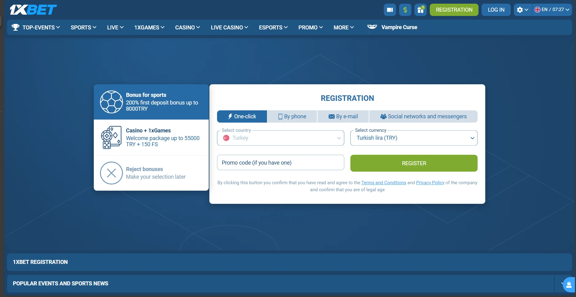 1xBet registration page